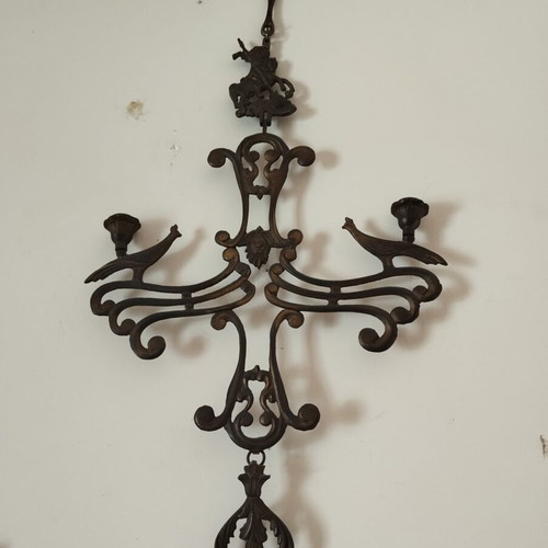 Art Nouveau wall-mounted double candlestick with Saint George and peacocks