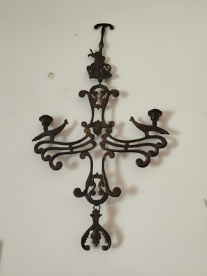 Art Nouveau wall-mounted double candlestick with Saint George and peacocks
