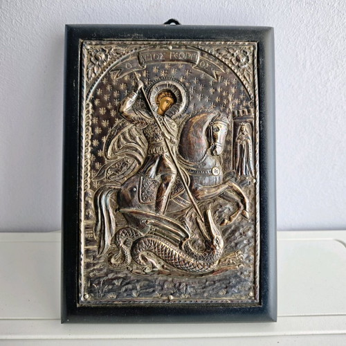 Silver icon Saint George like new, 950 silver with certificate