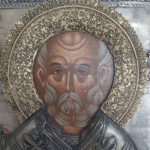 Saint Nicholas icon like new with alpaca and gilded halo