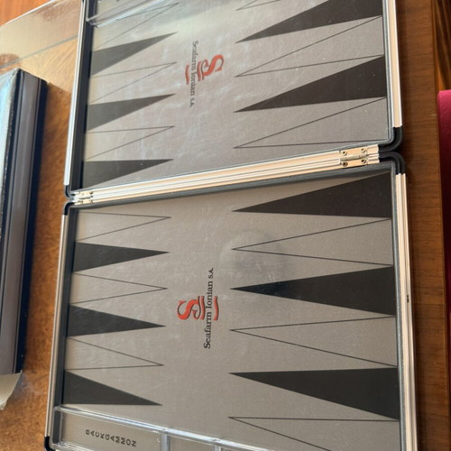 Seafarim Ionian S.A. vintage backgammon set in aluminum case