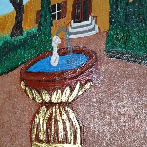 Painting on canvas Villa with fountain, new, 39x39 cm