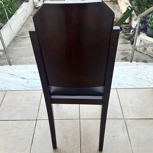 Set of 4 vintage solid wood dining chairs with original burgundy leather seats, Art Deco style
