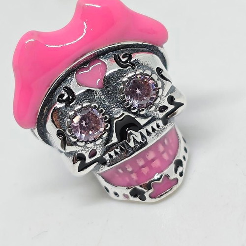 Sugar Skull Charm with Pink Hat and Crystals Silver 925 like new