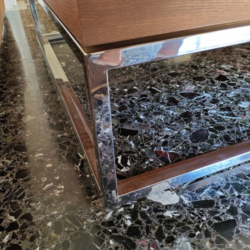 Wooden coffee table with metal base, 127x127 cm