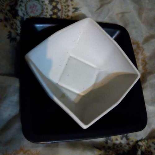 Ceramic salad bowl used, white color with black base