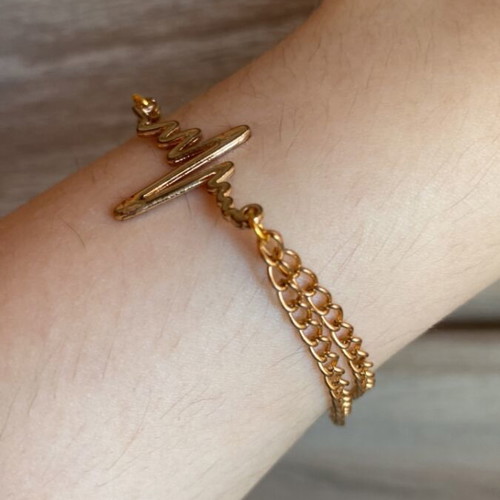Bracelet handmade heartbeat with double chain and decorative heart in pink-gold