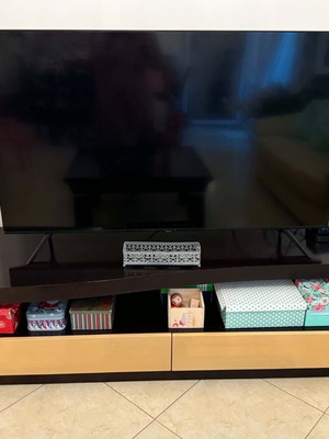 TV stand in dark brown solid wood with 2 large drawers and storage shelf, 1.80m