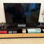 TV stand in dark brown solid wood with 2 large drawers and storage shelf, 1.80m