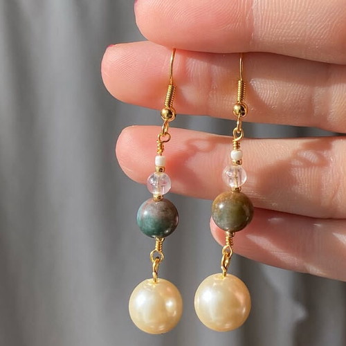 Handmade Coquette Earrings with Natural Agate, Faux Pearls and Glass Beads