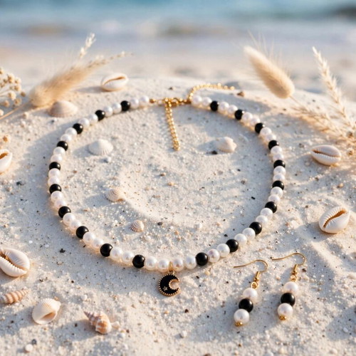 Handmade black-white beaded necklace and earings set.