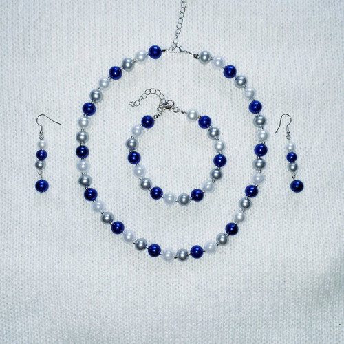 Handmade blue white beaded necklace, earrings and bracelet