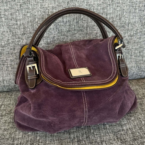 KEM suede and leather handbag used, purple and yellow
