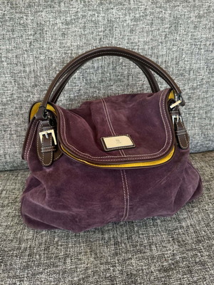KEM suede and leather handbag used, purple and yellow