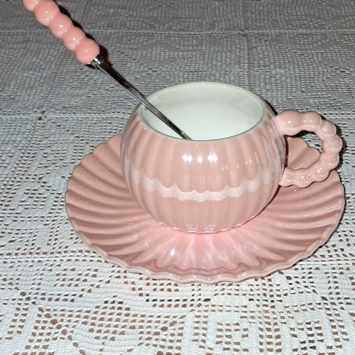 Coffee cup set new with saucer and spoon apricot pearlescent