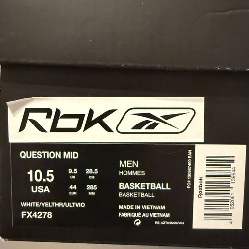 Reebok Question Mid yellow toe sneakers new, size 44