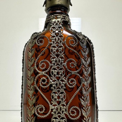 Vintage amber glass flask with filigree metalwork, 1930-1950