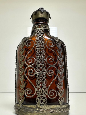 Vintage amber glass flask with filigree metalwork, 1930-1950