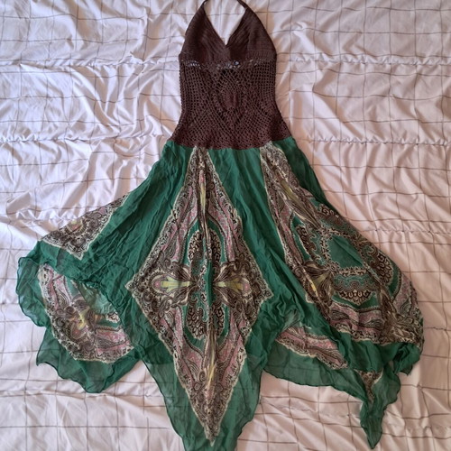BCBGMaxAzria vintage silk dress, size S, brown and green