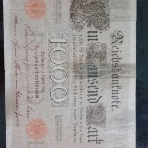 German mark banknotes used, 1000 mark 1910 and 100 mark 1920