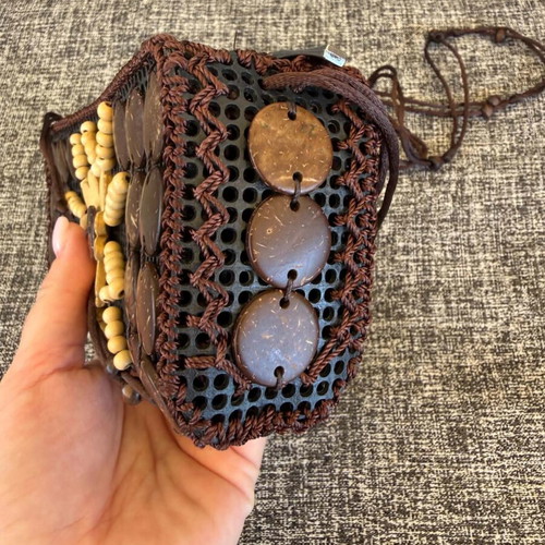 Handmade coconut shoulder bag, brown