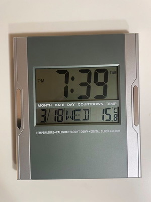 Large digital wall clock used with alarm, thermometer, date