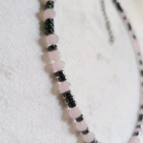 Pink Crystal and Hematite Heart Necklace like new, handmade