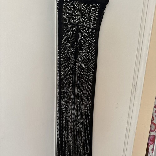 Maxi bodycon dress with straps and geometric strass designs, like new, black