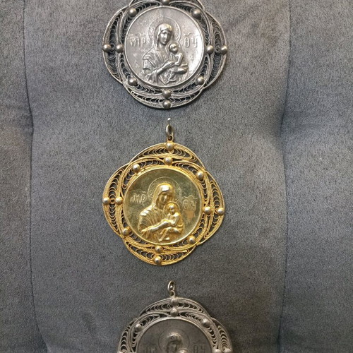 Religious handmade carved metal icons like new, set of 3 pieces