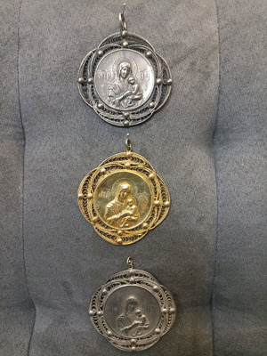 Religious handmade carved metal icons like new, set of 3 pieces