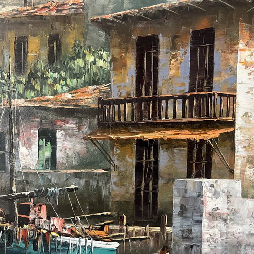 Large oil painting with palette knife, Greek seaside landscape by Dimas