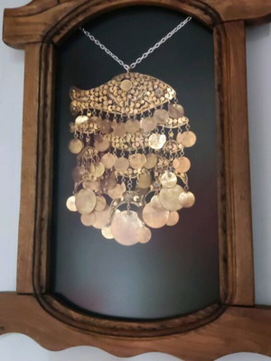 Egyptian filigree necklace like new with coins and fish in carved wooden frame