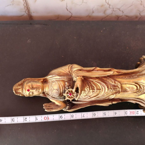 Quan Yin bronze statue like new with red rhinestones