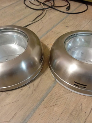 Inox ceiling light fixtures used, set of 2, 27cm diameter