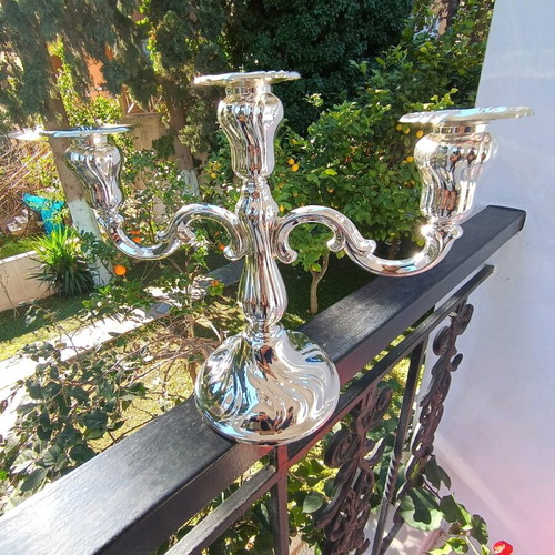 Silver-plated ornate three-arm candlestick new, excellent quality
