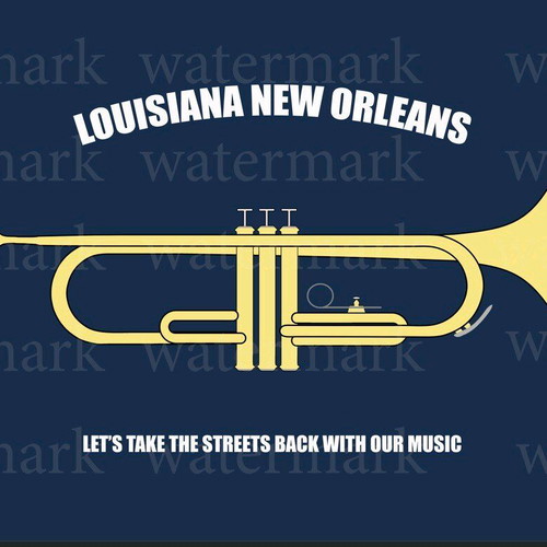 T-shirt with Vector Trumpet Design and Text new, blue and gold, size M
