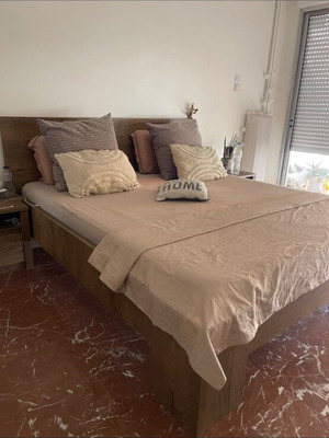 Complete bedroom set used, includes bed, nightstands, drawers, TV unit, coffee table