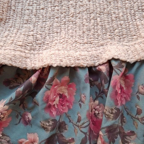 Karavan knitted dress with floral ruffle, dusty pink and petrol