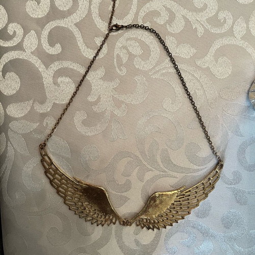 Necklace with feathers used, gold tone with rhinestones
