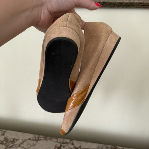FS/NY Peep-Toe Ballerina Shoes, beige with tan details