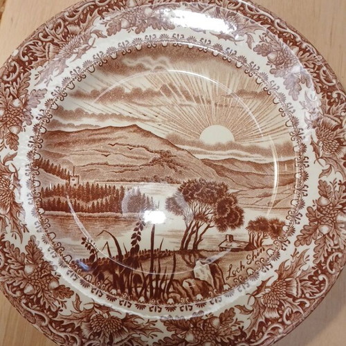 Vintage English Ironstone Loch Shin Plates set of 2 used, brown transferware