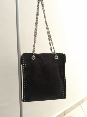 Zara shoulder bag like new, black suede with studs, 30x27 cm
