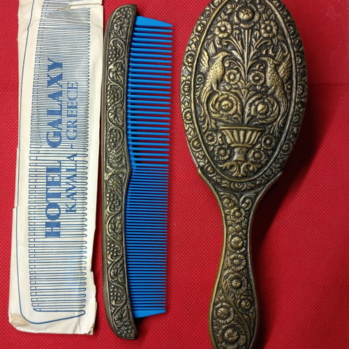 Vintage bronze hairbrush and comb set like new with Galaxy Hotel comb