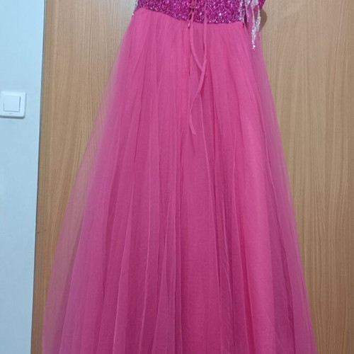 Fuchsia long dress with rhinestones and slit, size M