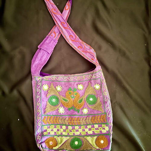 Boho tote shoulder bag with embroidery, purple
