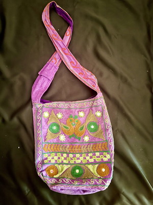 Boho tote shoulder bag with embroidery, purple