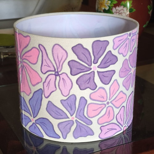 Handmade table lamp with painted fabric shade and inner plastic coating