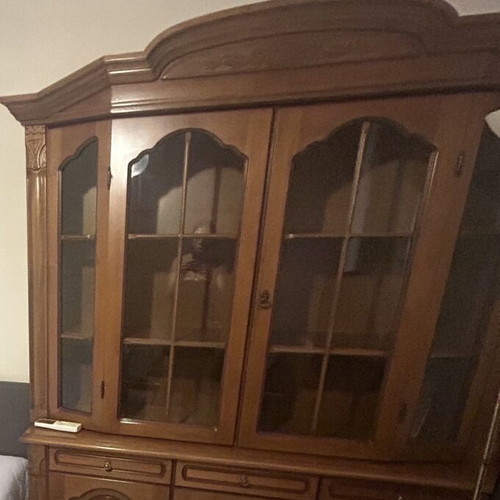 Vintage wooden cabinet with glass doors, 1990s style