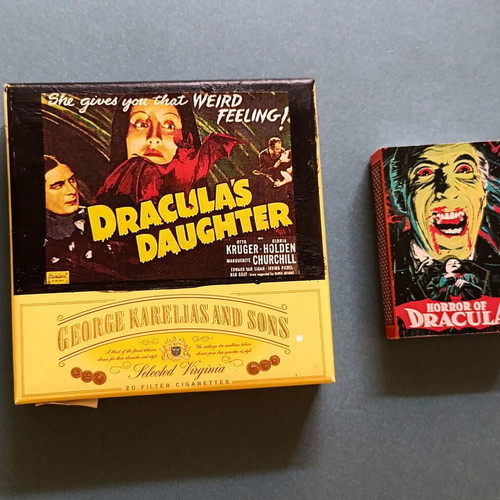 Collage paper tobacco box and matchbox, new