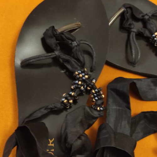 Boho leather sandals like new with black silk ankle ribbons, size 41